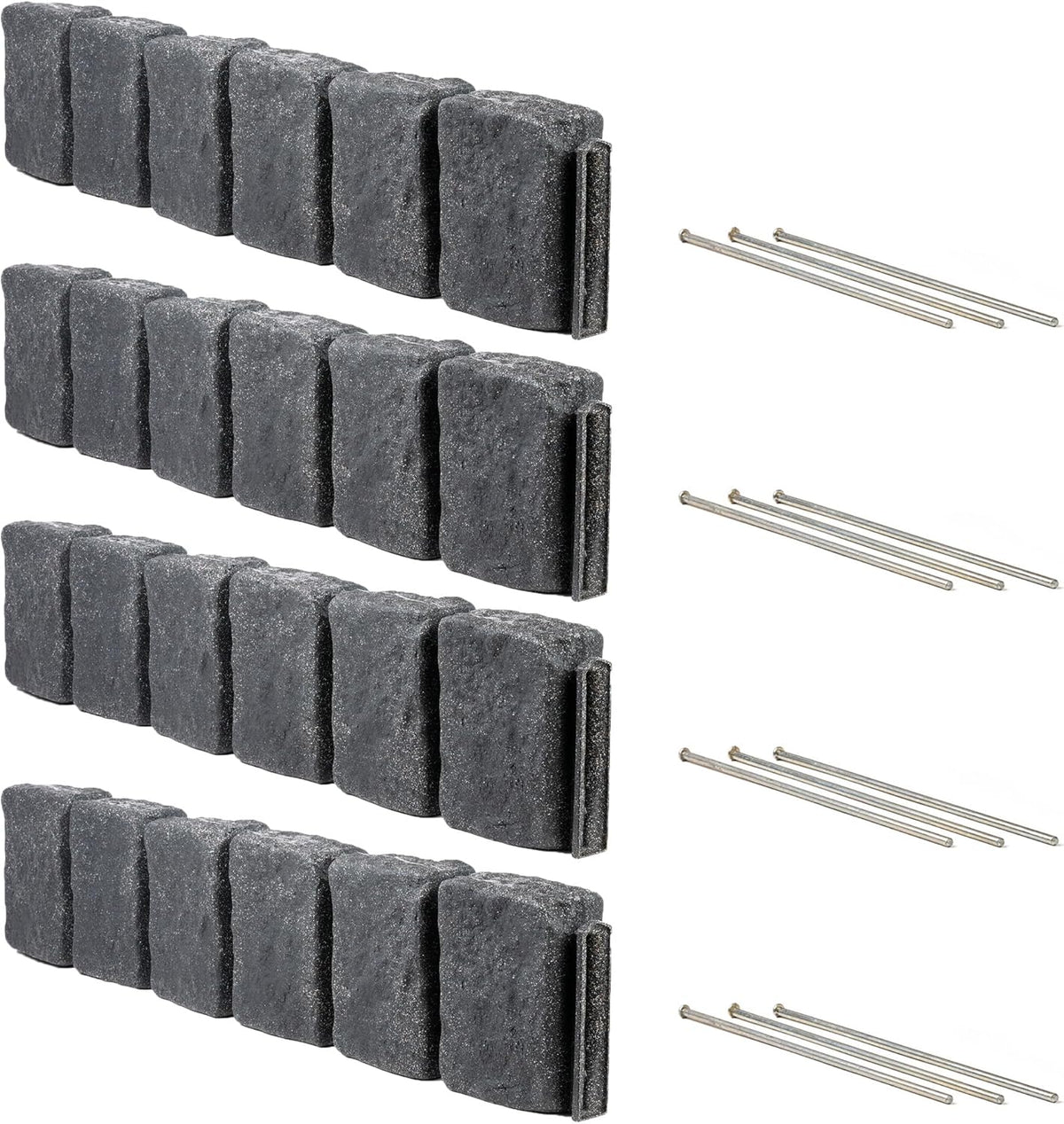 Beuta Landscape Edging | Garden Edging Border | Faux Stone Block XL for Lawn Edging, Flower Beds & Yard Edging – 4 Pack | Each Section Has 6 Blocks 48" L x 4" W x 9.5" H | 12 Spikes | Charcoal