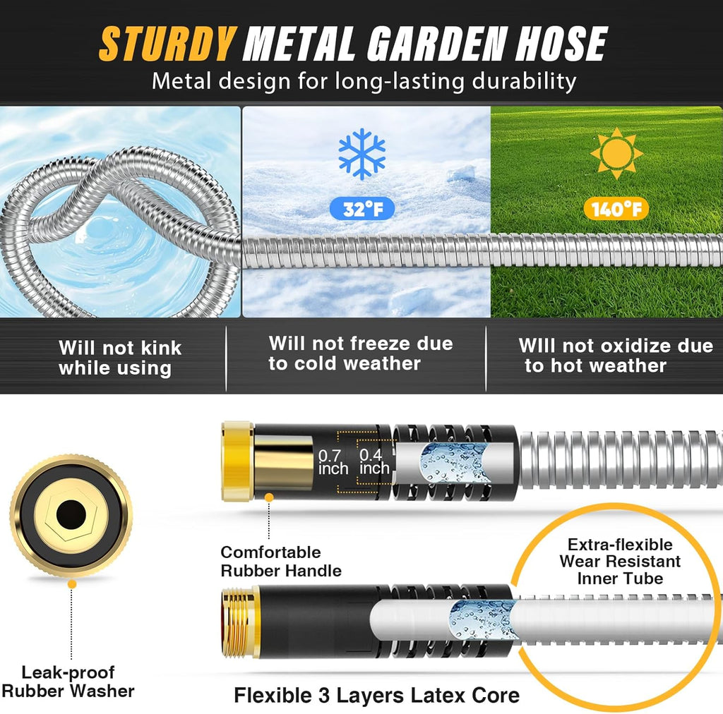 Lefree Garden Hose 50ft, Stainless Steel Garden Hose Metal, Flexible Water Hose with 10-Function Nozzle, Crush Resistant, Leak Proof, No Kinks Heavy Duty Hose for Yard, Outdoors, Rv