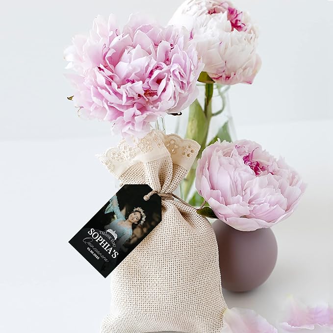 Andaz Press 40-Pack Personalized Quinceañera Favor Tags with String, Classic Thank You Gift Tags with Custom Photo Crown for Quince Años XV 15th Birthday Favor Gifts, Quinceanera Decorations