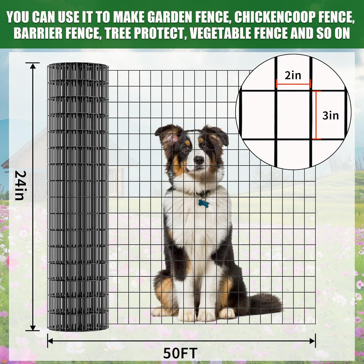 24 in x 50 ft Welded Wire Mesh Fence, 2 in × 3 in 15GA Black PVC Coated Garden Fencing Roll, Dog Barrier for Vegetable Yard, Poultry Netting,Heavy-Duty Border Fencing