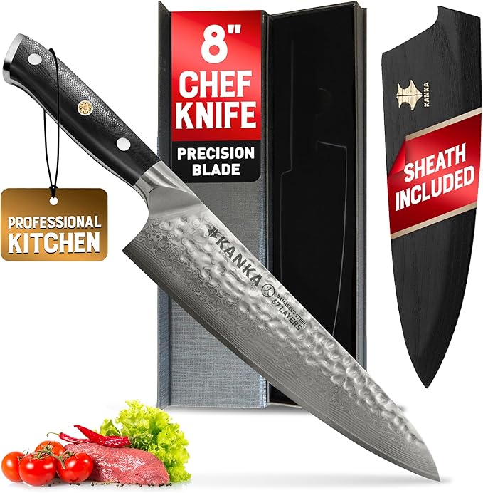 KANKA Chef Knife Damascus Steel 8" - 67 Layer Professional Steel, 10Cr Core, Razor-Sharp 62 HRC Edge, Ergonomic G-10 Fiberglass Handle, Wood Sheath INCLUDED – Chef Kitchen Knife for Precise Cutting
