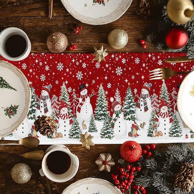 Christmas Snowman Cotton Linen Table Runner for Dining Kitchen, Xmas Tree White Snowflakes Winter Wedding Outdoor Party Tablerunners Decoration, Dresser Scarf Coffee Tablecloth Runners 13x48 Inches