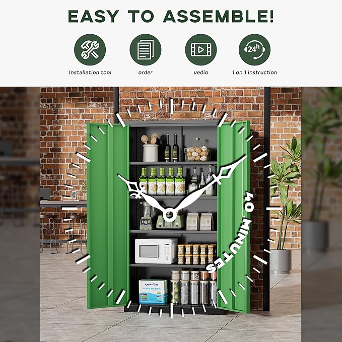 Greenvelly Metal Garage Storage Cabinet with Doors and Adjustable Shelves,72" Steel Lockable File Cabinet for Home Office,Garage,School(Black Green,32" W x 16" D)