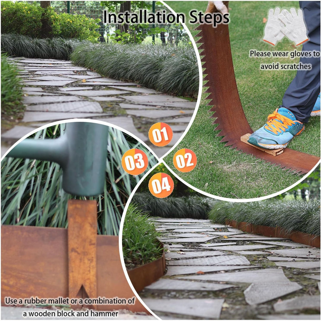 Corten Steel Landscape Edging, 40" L x 6" H, 15 GA Thickness, 12 Pack + 13 Stakes, Enhance Garden, Yard, Park, Lawn, Plants & Vegetables w/Long-Lasting Rust-Finish Cor-Ten Edging