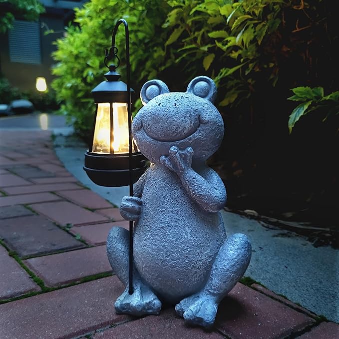 Frog Solar Garden Statues,Resin Frog Figurine Decorations with Solar Lights Lantern, Outdoor Frog Garden Decor Art for Lawn,Yard, Unique Housewarming Gift for Women Mom Grandma