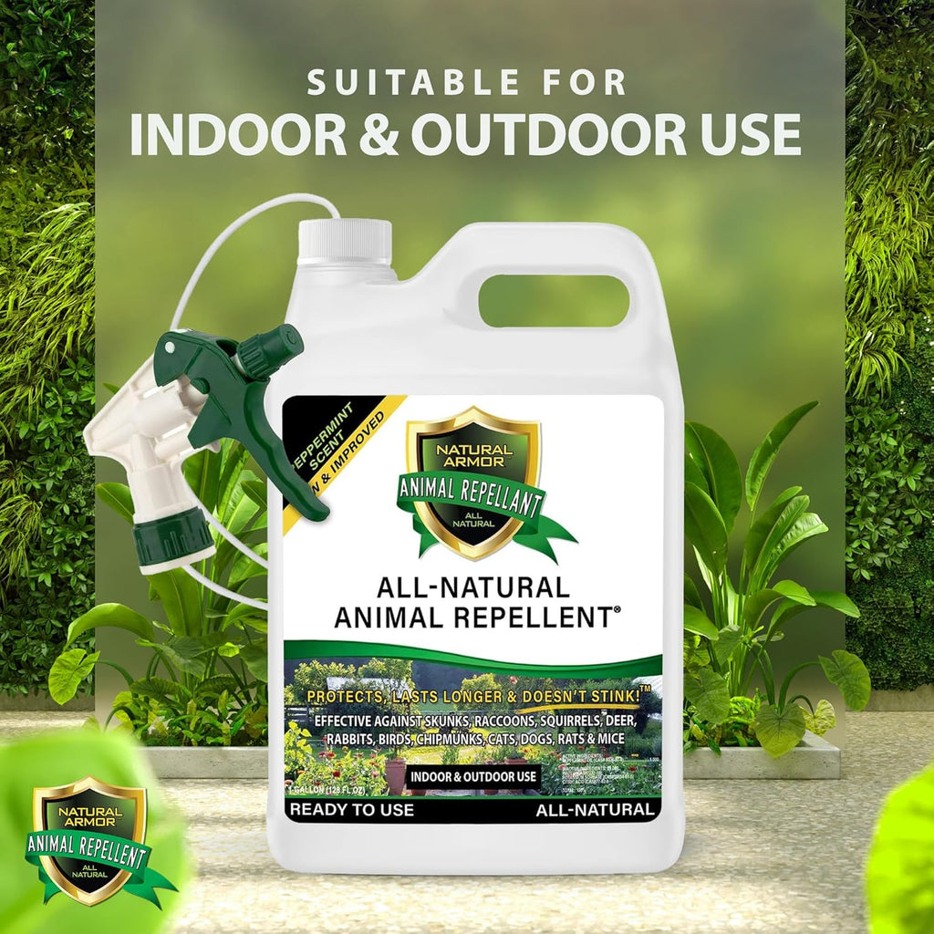 Natural Armor Animal & Rodent Repellent Spray. Repels Skunks, Raccoons, Rats, Mice, Deer Rodents & Critters. Repeller & Deterrent in Powerful Peppermint Formula – 128 Fl Oz Gallon Ready to Use