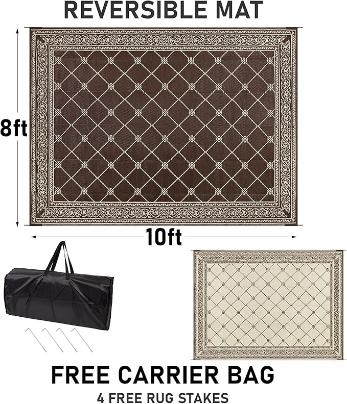 HiiARug 8x10 Outdoor Rug Outdoor Patio Rug, Reversible Waterproof Plastic Straw Rug Large Outdoor Rugs (8x10Ft, Brown)