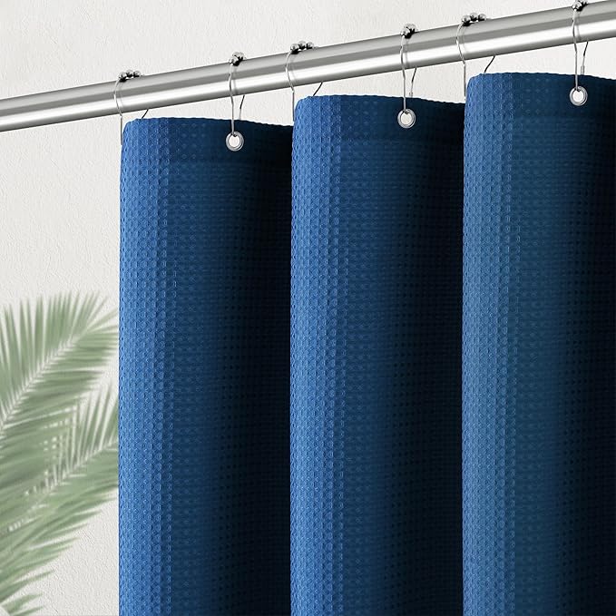 Classic Blue Stall Fabric Shower Curtain - Water Repellent Waffle Textured 256GSM Heavy Duty Cloth Shower Curtains for Bath Tubs, Narrow Hotel Quality Bath Curtain Set with 6 Hooks, 36Wx72H