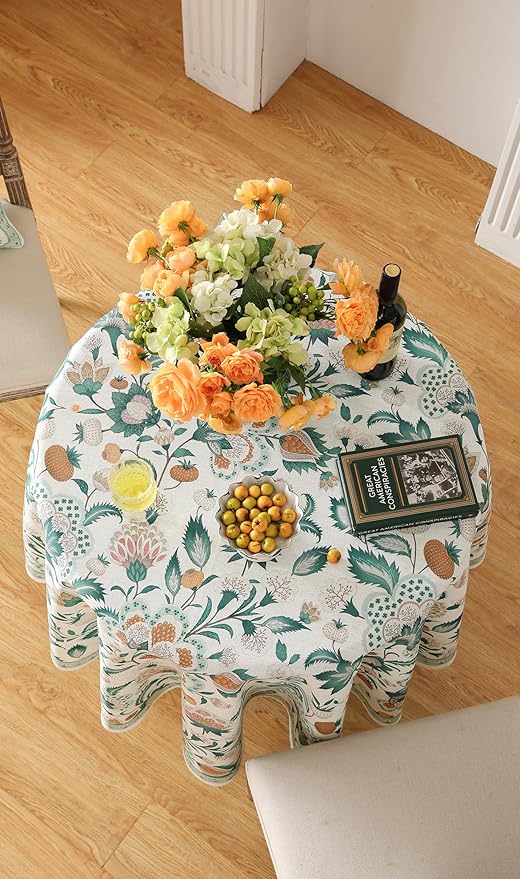 patdrea Designer Green French Table Cloth for Round Table,Vintage Italian Floral Country Linen Breathable Tablecloth,Cover for Kitchen Dining,Christmas,Thanksgiving,Diameter 67"-Tree Life