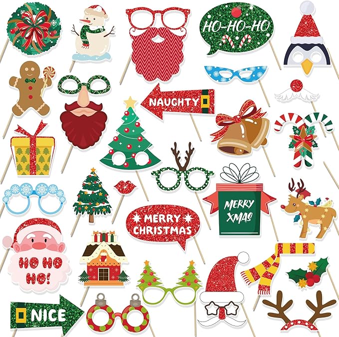 HOWAF 30 Pcs Christmas Photo Booth Props - Merry Christmas Paper Photo Frame, Funny Santa & Gingerbread Photo Props for Xmas Holiday Party Decoration, Selfie Frame Props