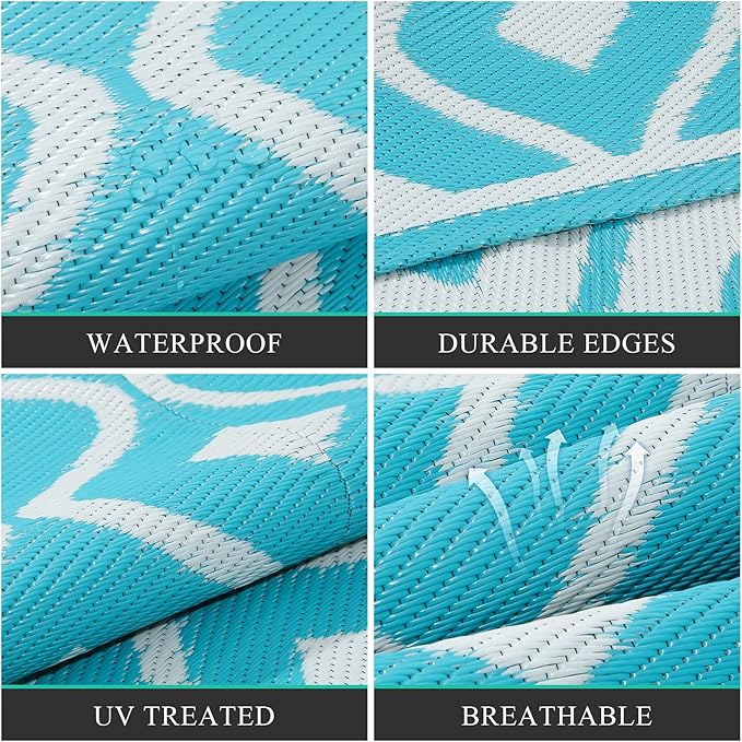 Pauwer Waterproof Outdoor Rug 9x12, Reversible Plastic Straw Patio Camping Rug, Indoor Outdoor RV Mat Carpet for Deck, Camper, Porch, Balcony, Backyard, Picnic, Geometric Teal