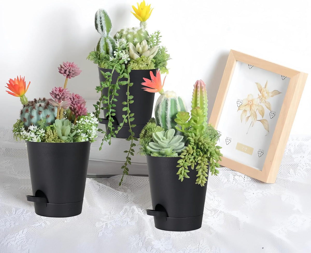 12 Pack 4 Inch Self Watering Plant Pots with Drainage and Saucers，Plastic Flower Pots for Indoor and Outdoor Plants, Nursery Planters for Houseplants and Herbs Black, 4 inch 12pcs
