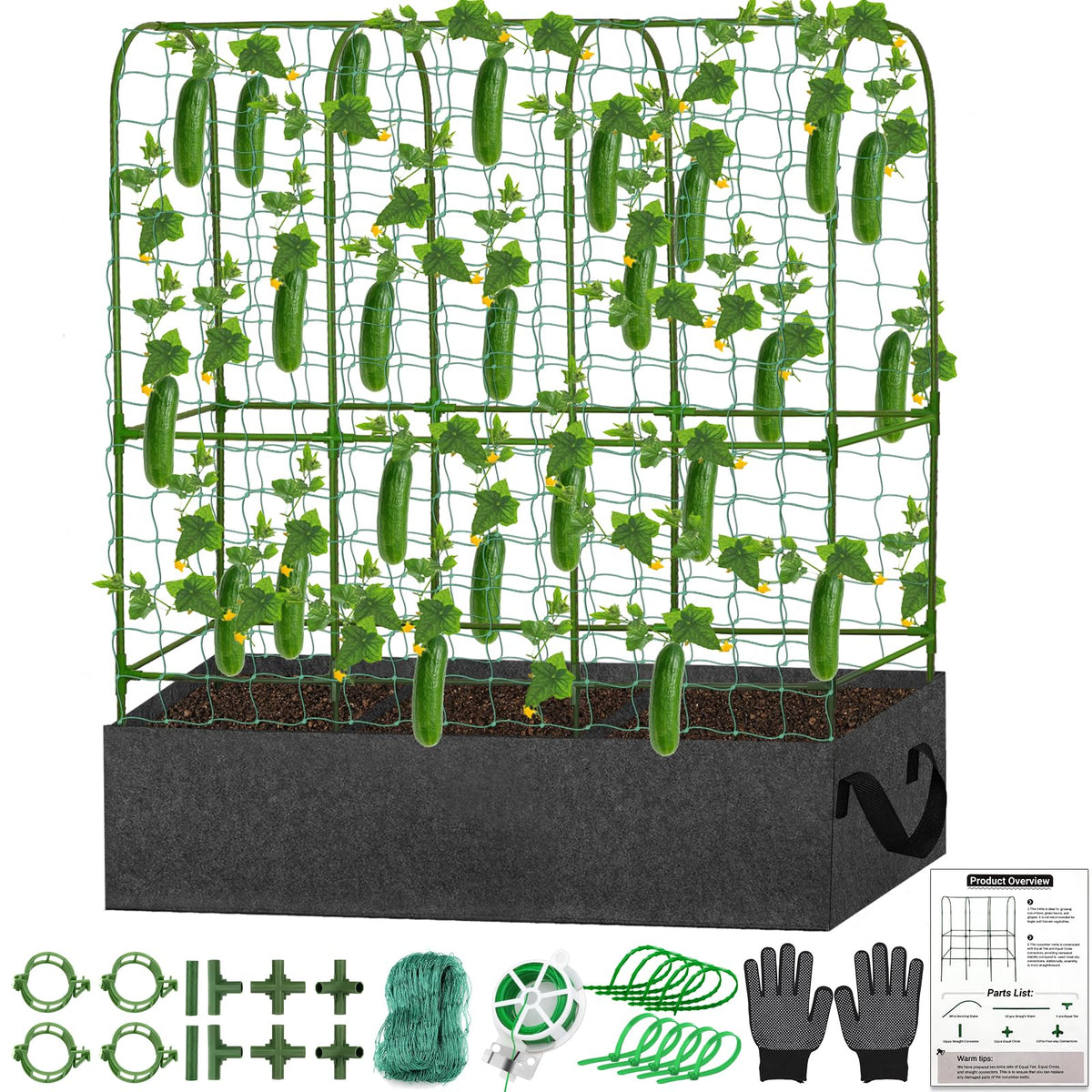U-Shape Cucumber Trellis with Fabric Raised Garden Bed 65x50 Inch Metal Garden Arch Trellis with Net, Climbing Plants Vegetables Heavy-Duty Outdoor Plant Support for Pea, Grape, Squash, Tomatoes