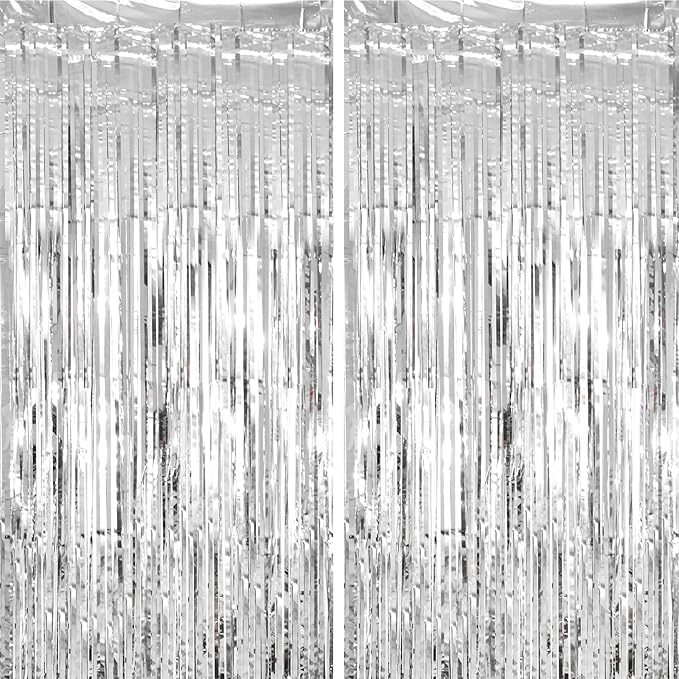 2 Pack Silver Tinsel Foil Fringe Curtains, Silver Party Decorations, Metallic Tinsel Party Streamers Backdrop for Birthday Baby Shower Graduation Wedding Bachelorette Party Decorations