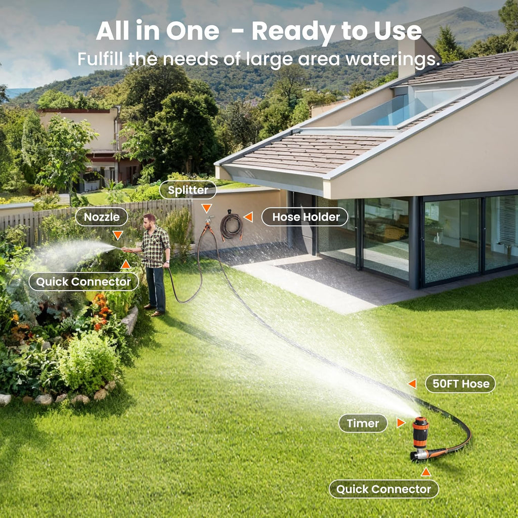 Giraffe Tools Garden Hose 50ft x 5/8", Water Hose Heavy Duty, Flexible with Hose Splitter, Nozzle and Yard Sprinkler, Lightweight Hybrid Hose with Swivel Handle, Male to Female Fittings, Burst 600 PSI