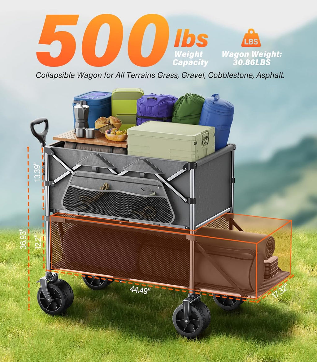 Collapsible Wagon Double Decker Wagons Carts Foldable for All Terrain, Grey