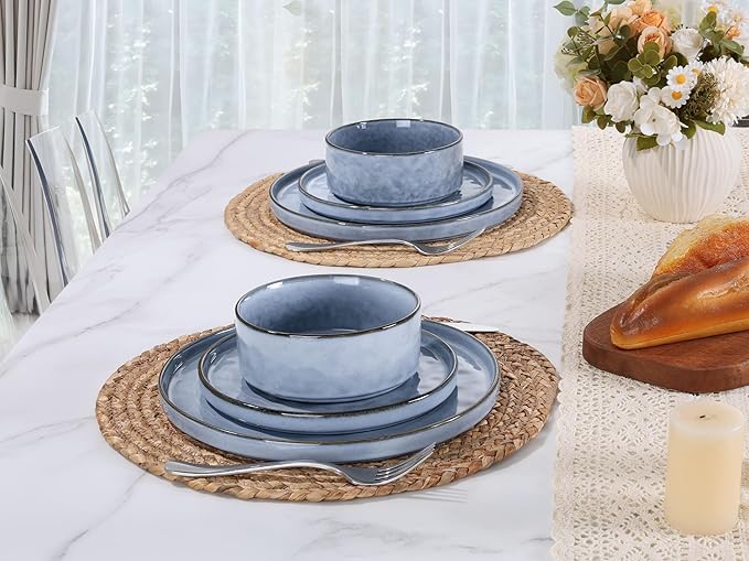 LIANYU Dinnerware Dish Sets for 4, 12 Piece Stoneware Plates and Bowls, Kitchen Dinner Set for Dessert Salad Pasta, Microwave & Dishwasher Safe, Serenity Blue