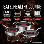 Hell's Kitchen Hybrid 5 Pc Cookware Set, Tri-Clad Stainless Steel and Nonstick Ceramic, PFAS Free, no PFOA, no PTFE, no Teflon, Non Toxic Cookware, Metal Utensil Safe, All Cooktops and Oven Safe