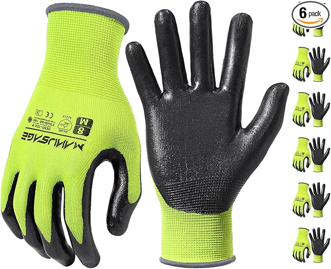 MANUSAGE Safety Work Gloves - Protective Glove for Men & Women - Ultrathin Hand Protection - For Construction, Gardening, Landscaping - Yellow - Size XL - 6 Pairs