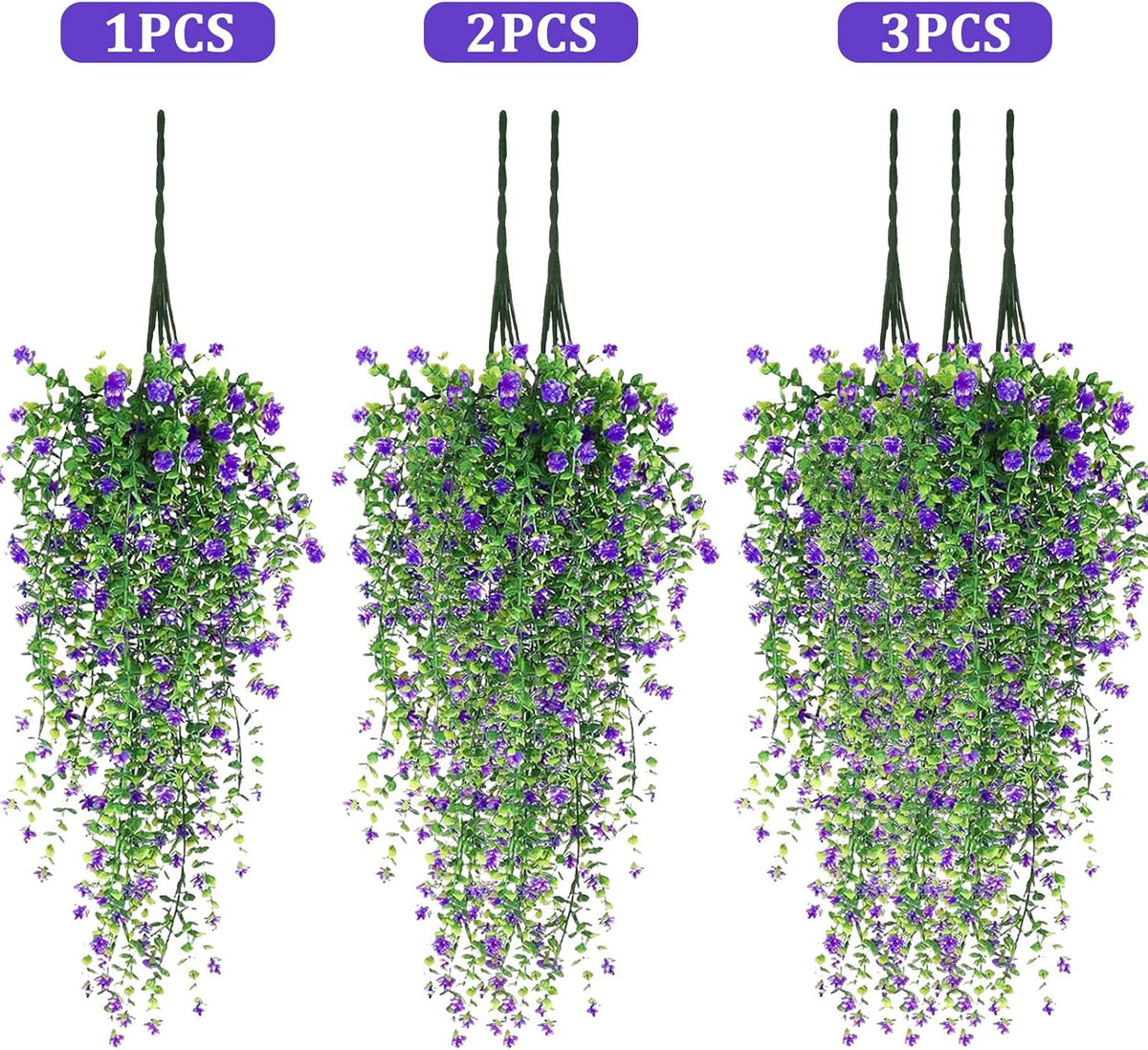 Artificial Hanging Flowers, 3 Pcs Fake Hanging Plants Artificial Vines for Outdoors, Fake Ivy Vine UV Resistant No Fade Faux Plants for Indoor Outside Garden Patio Yard Greenery Decoration (Purple)