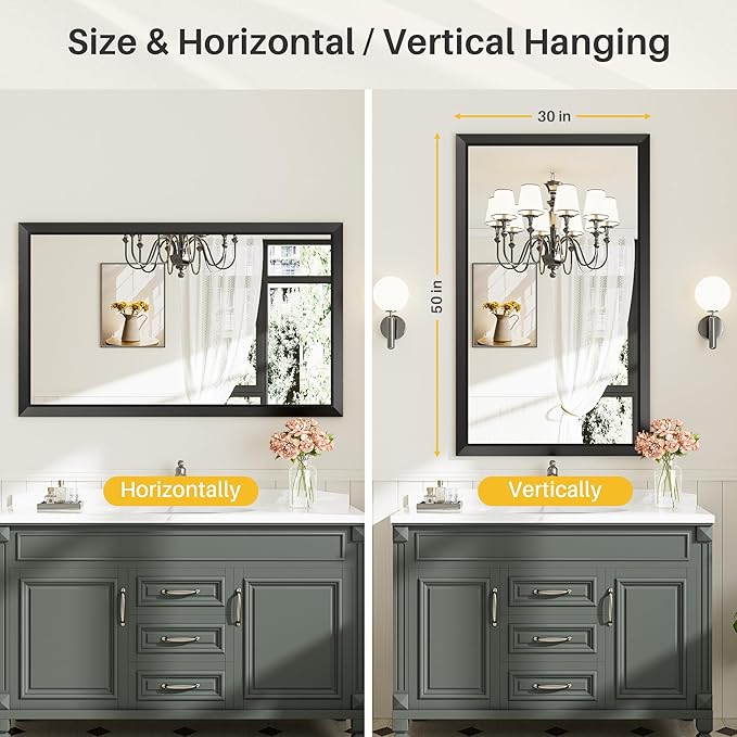 50x30 Inch Black Bathroom Mirror for Wall, Thick Metal Framed Rectangle Mirrors for Over Sink, Bedroom, Living Room, Entryway, Anti-Rust, HD Tempered Glass