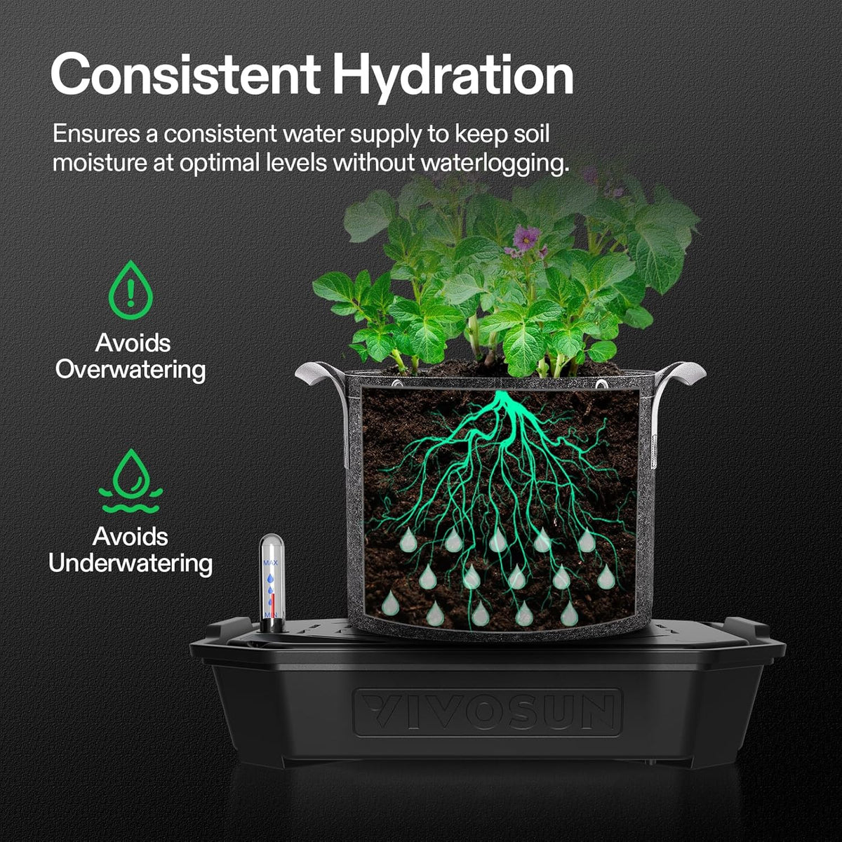 VIVOSUN 4-Pack FlexFeed Self-Watering Pots, Auto Irrigation Fabric Pot Base with Water Meter & Maintenance Window, for Use Indoors/Outdoors in Grow Tents, Greenhouses, Gardens