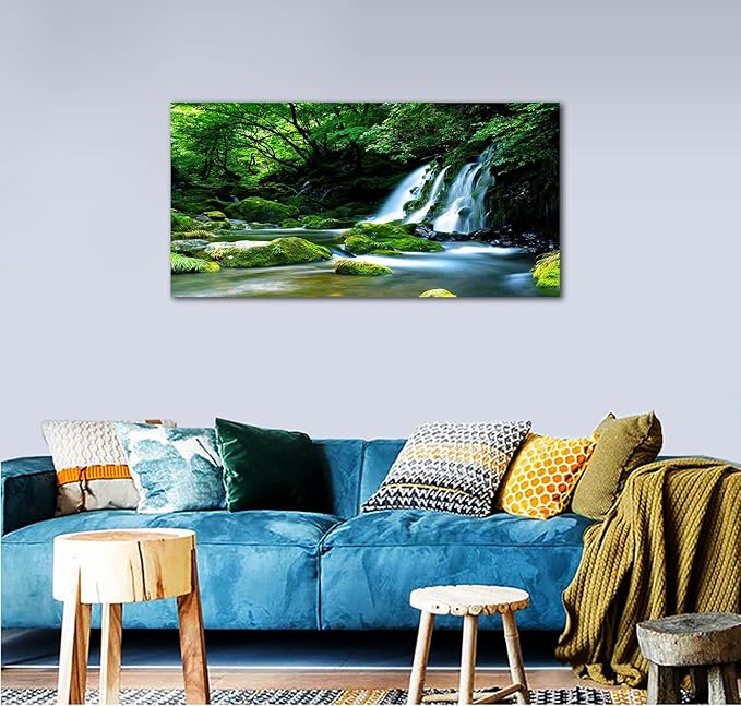 arteWOODS Waterfall Canvas Wall Art Living Room Decoration Large Nature Picture Artwork Modern Landscape Painting Green Forest Prints for Kitchen Office Wall Decor Home Decorations 29" x 58"