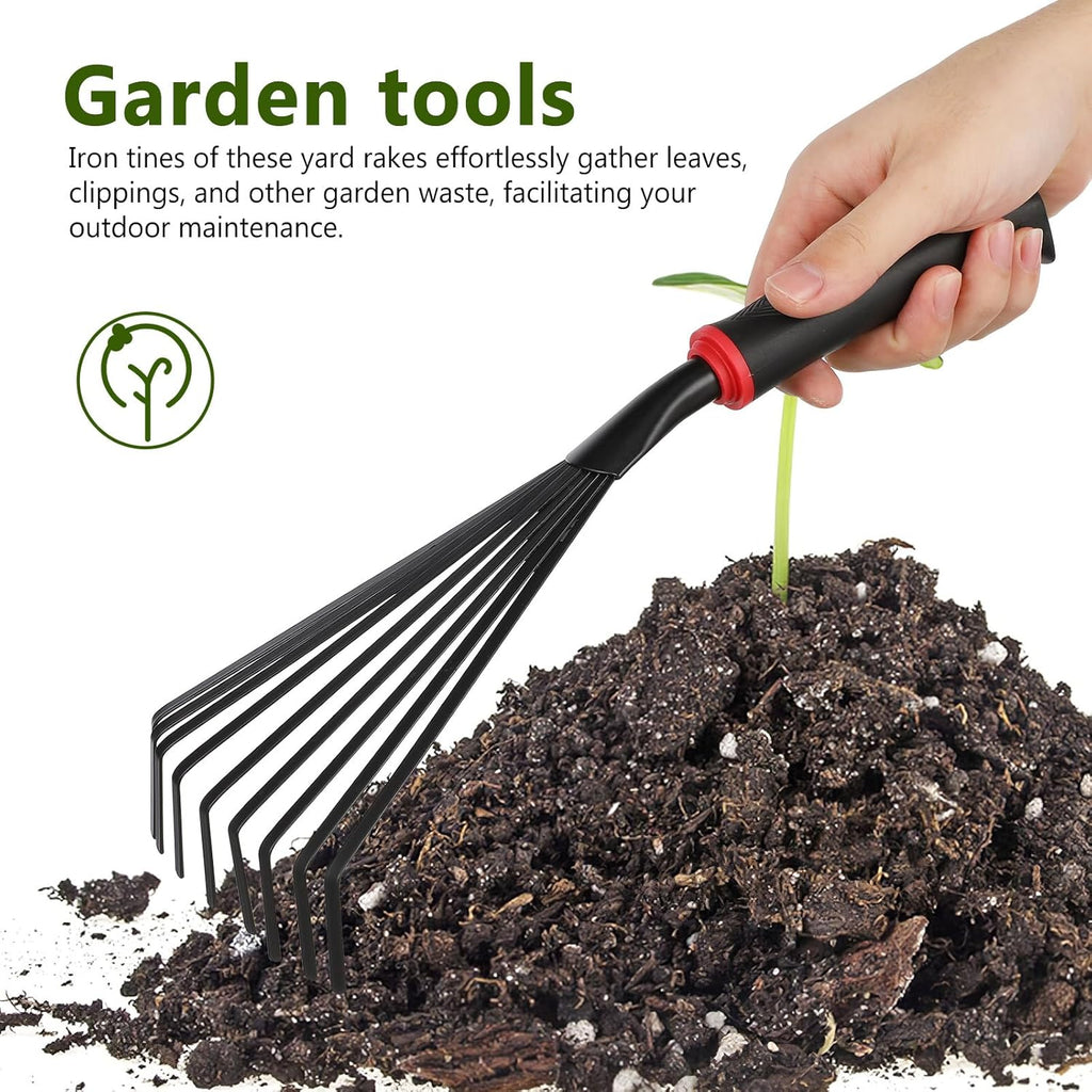 VANZACK 2pcs Gardening Hand Rakes Metal Ash Rakes Hand Tiller Mini Garden Cultivator Tools Portable Rake with Handle and 9 Tines for Yard Lawn Shrub Flower Beds