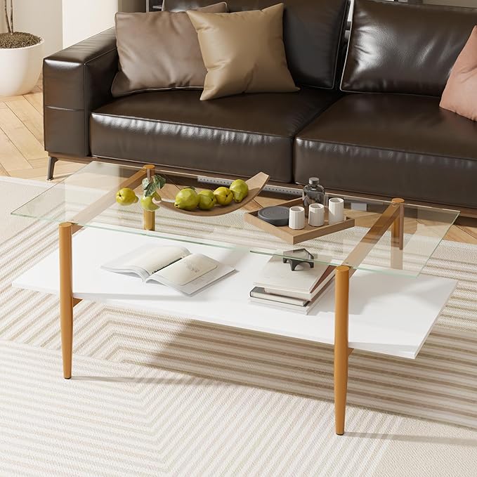 Glass Coffee Table, Rectangle Living Room Center Table with Golden Legs, Mid-Century Modern Accent Tables with Open Shelf for Living Room, Office, White