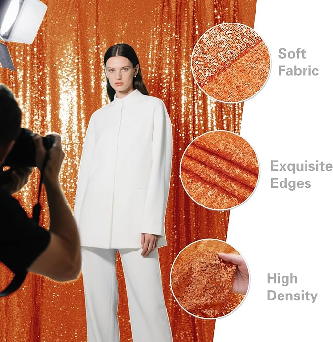 Orange Sequin Backdrop Curtain 2 Pieces 2FTx8FT Glitter Photography Backdrop for Party Wedding Birthday Christmas Decorations