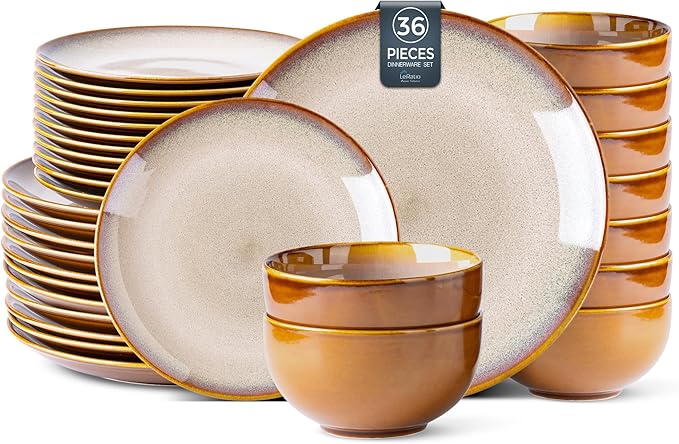 LERATIO Ceramic Dinnerware Sets for 12, 36 Pieces Plates and Bowls Sets, Reactive Glaze Dishes -Scratch Resistant, Dishwasher&Microwave Safe&Oven Safe