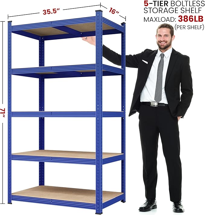 Yaheetech Standing Shelf Units, 5 Tier Storage Shelf, Heavy Duty Shelving, Adjustable Garage Shelves, Utility Rack Shelf Unit, Basement Warehouse Shed, 35.5″L × 16″W × 71″H - Blue