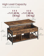 VASAGLE Lift Top Coffee Table, Lift Coffee Table with Storage Shelf, Hidden Compartments and Lifting Top, for Living Room, Office, 19.7 x 47.2 x (19.3-24.4) Inches, Rustic Brown and Black ULCT212B01