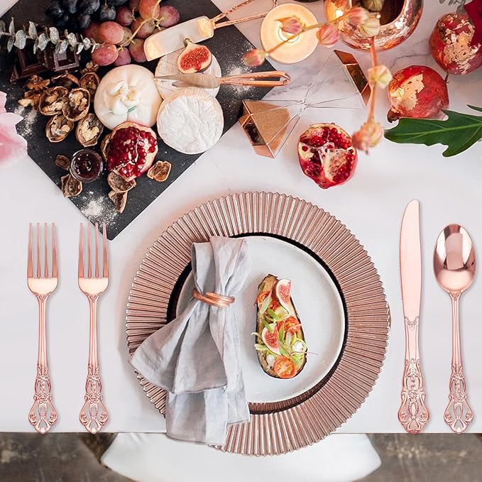 40PCS Rose Gold Plastic Silverware - Heavy Duty Elegant Disposable Utensils - Rose Gold Plastic Cutlery set Includes 20Forks, 10Spoons, 10Knives for Dinner, Parties, Weddings