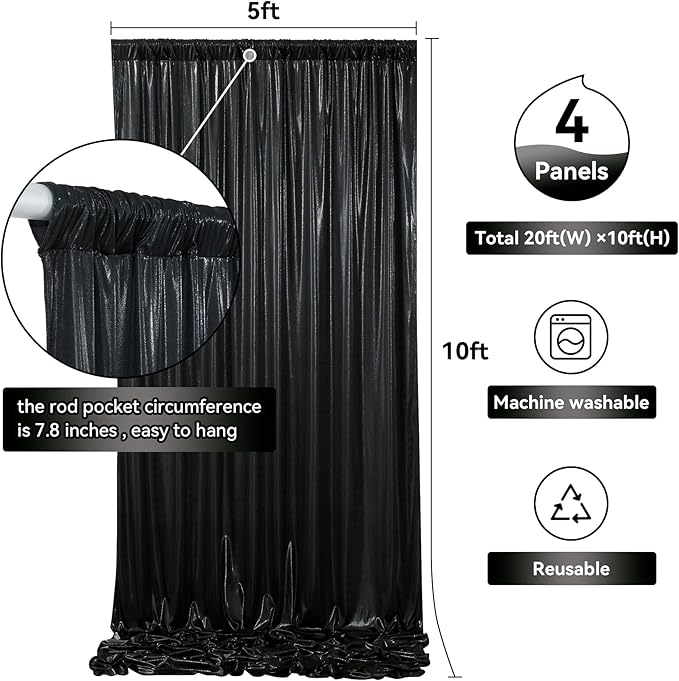 20ftx10ft Black Sequin Backdrop Curtain Panels for Parties, Wrinkle Free Glitter Photo Backdrop Drapes 4 Panels 5x10FT Shiny Back Drop Cloth for Wedding Birthday Christmas Photography Background