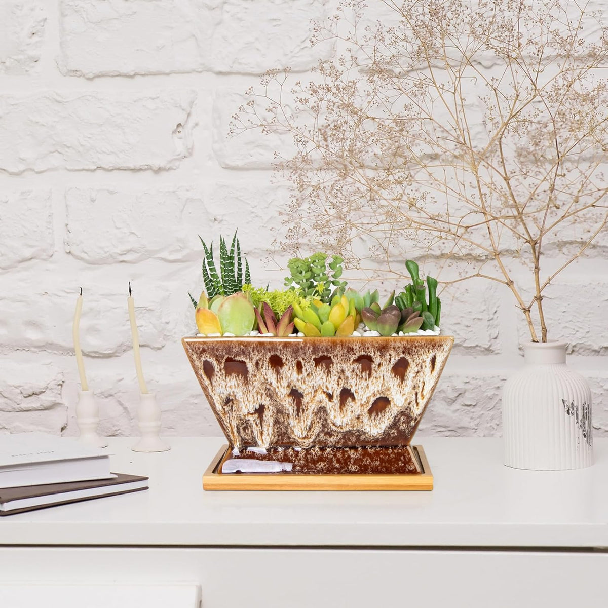 ARTKETTY Succulent Pots - 7 Inch Large Plant Pot with Drainage Tray, Shallow Ceramic Pots for Indoor Plants, Modern Cactus Bonsai Plant Container Decorative Home Office