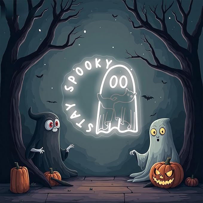 Ghost holding a cat Stay Spooky Neon Sign, Funny Halloween Party Wall Decor, Spooky Season Room Sign for Boo Wall Decor Neon Light for Bar Man Cave Home Yard Decoration Funny Spooky Vibes-White