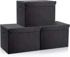 Large 17" 42 Quarts Collapsible Stackable Storage Bins with Lids [3-Pack] Foldable Fabric Linen Storage Boxes Cube, Closet Organizer Baskets with Label (16.7 x 12 x 12", Black)