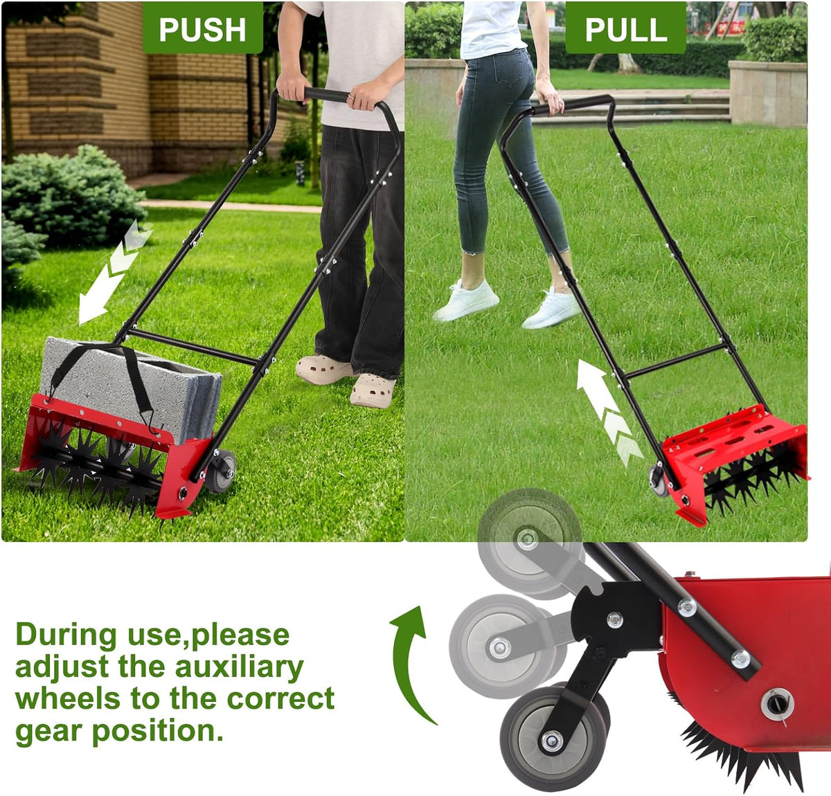 Lawn Aerator,16.5 inch Push Spike Aerator with Side skids, Height Adjustable Rear Wheel Pushed Aerator Lawn Tool, 2025 Upgraded Rolling Manual Tiller,Suitable for Lawn, Garden and Yard.