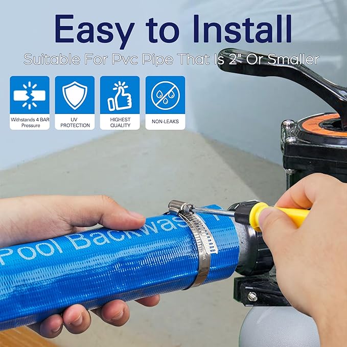 2" x 100FT Pool Backwash Hose, Heavy-Duty Pool Hose, Lay Flat Discharge Hose, Durable Burst Resistant, Pool Filter Pump Water Drainage, Sump Pump Discharge, with 2 Clamps