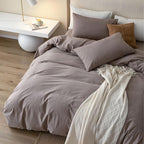 JIYUAN 100% Washed Cotton Duvet Cover Set 3 Pieces Super Queen, 1 Duvet Cover 90x98 Inches(Comforter Not Included) and 2 Pillowcases,Linen Feel Bedding Set Comfy and Breathable, Heathered Mauve Brown