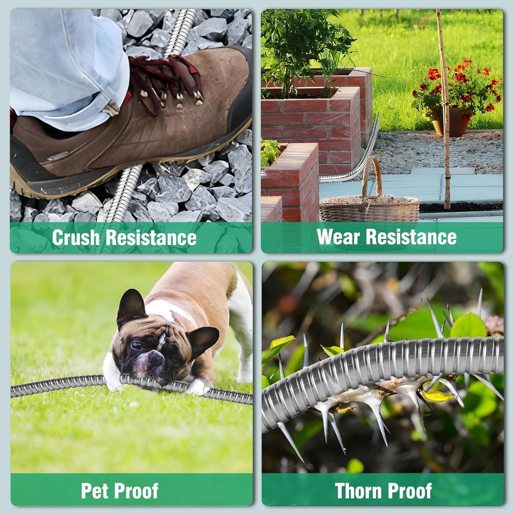 200Ft Metal Garden Hose durable stainless steel Water Hose, flexible, lightweight hose is resistant to kinks and tangles.With 10-way nozzle, strong 3/4” metal fittings, and a Stop Valve.