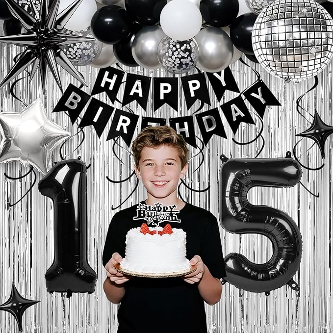 15th Birthday Decorations for Boys Girls, Black Silver Happy Birthday Party Decorations， 15 Year Old Party Supplies with Number 15 Balloons, Banner, Fringe Curtains Kit