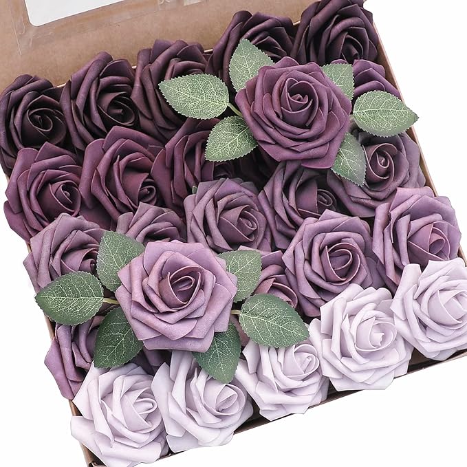 Floroom Artificial Flowers 25pcs Real Looking Plum Ombre Colors Foam Fake Roses with Stems for DIY Wedding Bouquets Bridal Shower Floral Centerpieces Party Tables Home Decorations