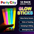 Party City Multicolor Glow Sticks Bulk Pack 6”- 12pk Glow in the Dark Sticks for Kids, Waterproof Camping Survival Ultra Bright Emergency Light Stick with String, Neon Glowsticks Party Supplies Favors