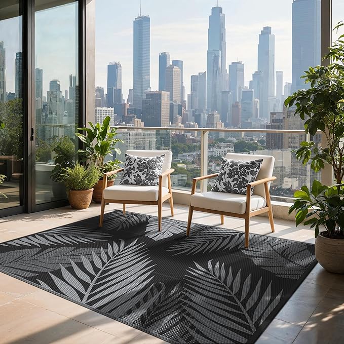 Outdoor Rug 9’x12’ Waterproof for Patio Clearance, Reversible Indoor Outdoor Plastic Straw Camping Rug Carpet, RV Mat, Large Area Rug for Deck, Backyard, Balcony, Porch, Beach, Black & Grey
