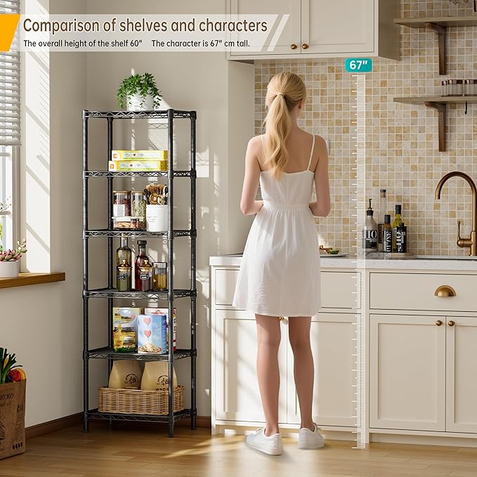 6 Tier Shelf Adjustable Storage Mesh Gaps Metal Utility Shelves Wire Shelving Unit Organizer Rack for Home Kitchen Office Bathroom Pantry Room10 D x 16" W x 60" H Black