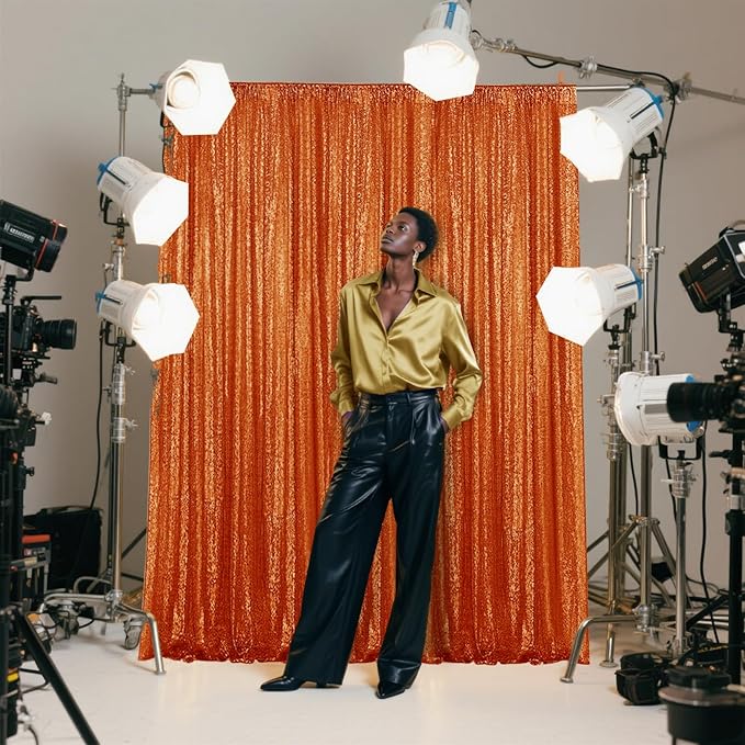 Orange Sequin Backdrop Curtain 2 Pieces 2FTx8FT Glitter Photography Backdrop for Party Wedding Birthday Christmas Decorations