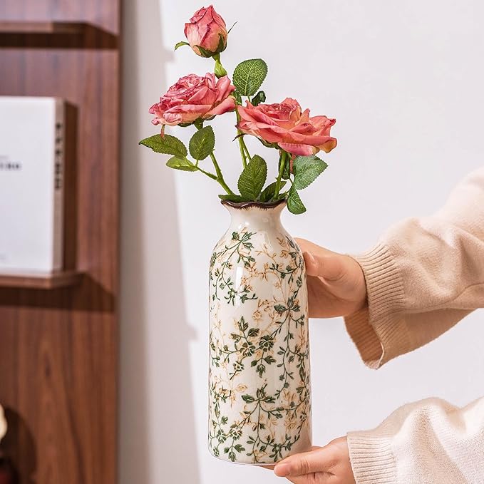 Ceramic Vase Set of 3, Vintage Green and Beige Vases Set, Flower Rustic Chinoiserie Vases Floral Grand Millennial Farmhouse Decor Vase for Home Decor, Living Room, Kitchen, Bedroom, Bookshelf