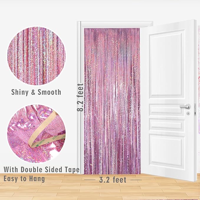 GOER 3.2 ft x 8.2 ft Metallic Tinsel Foil Fringe Curtains Party Photo Backdrop Party Streamers for Birthday,Graduation,New Year Eve Decorations Wedding Decor(5 Packs,Laser Pink)